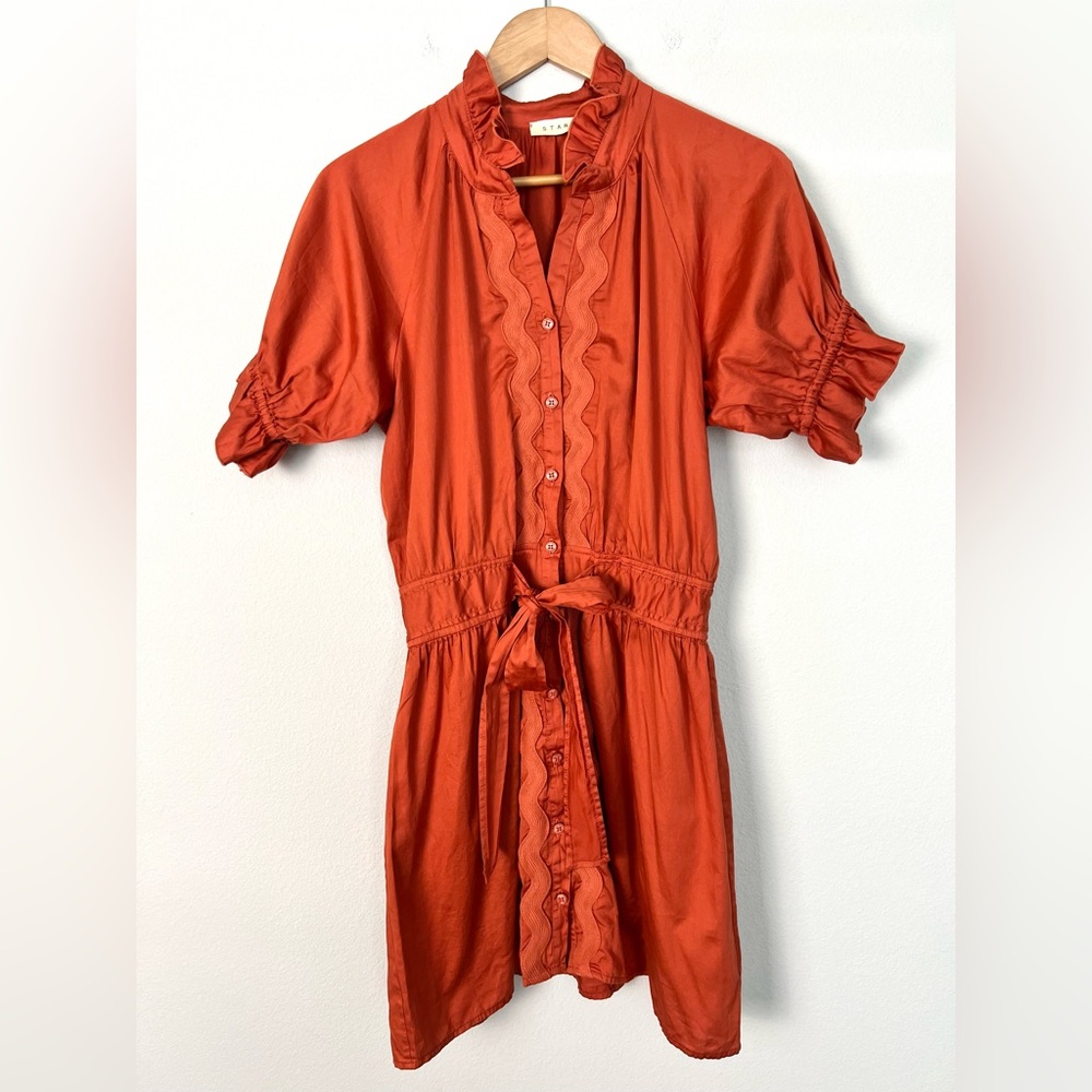 Stark X Abby Dress Burnt Orange Preppy Cottagecore Puff Sleeve Size XS Texas